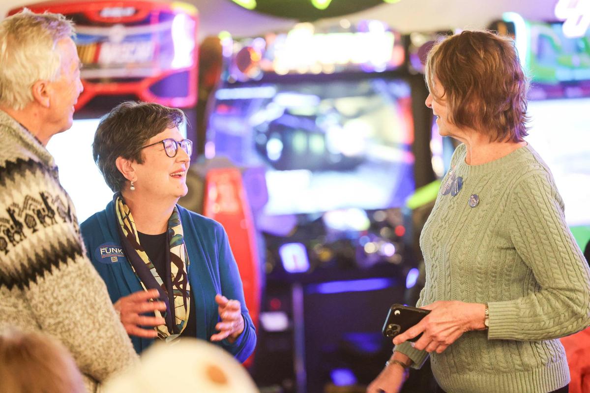 Susan Funk talks to supporters at election night party March 5, 2024, at Wild Fields Brewhouse. She is running in District 5 race for San Luis Obispo County Supervisor.