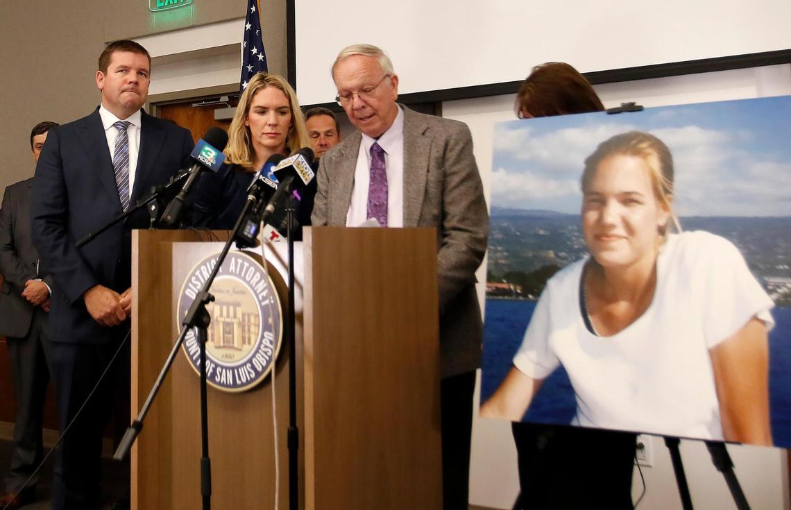 Stan Smart speaks at a press conference at the Monterey County District Attorney’s office, along with his son Matt Smart and Lindsey Smart. Hours after a jury found Paul Flores guilty of the 1996 murder of Cal Poly student Kristin Smart, San Luis Obispo County officials gathered to share their reactions to the conviction.