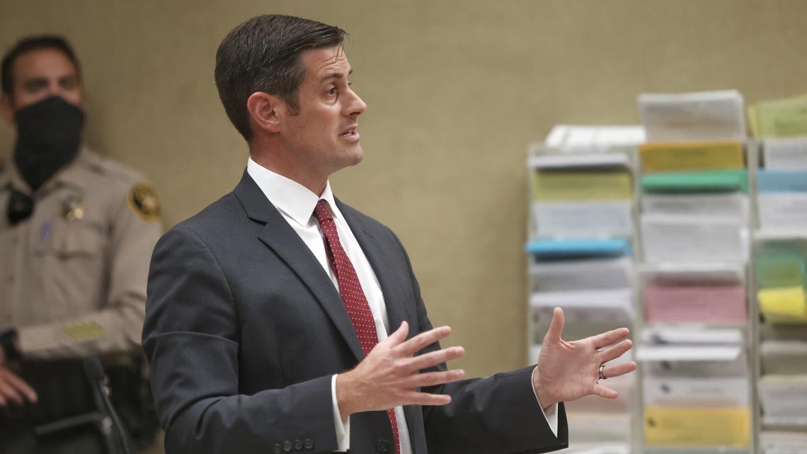 San Luis Obispo County deputy district attorney Christopher Peuvrelle speaks during a hearing in San Luis Obispo Superior Court on Wednesday, July 14, 2021.