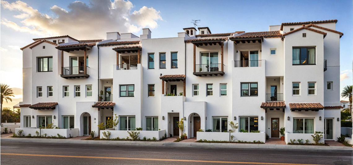 The Solstice project from applicant Brad Foote and developer Coastal Community Builders is planned to bring 28 townhomes and a pair of mixed-use commercial buildings to 359 Front St. in Grover Beach. This concept art shows one of five proposed design styles for the project.