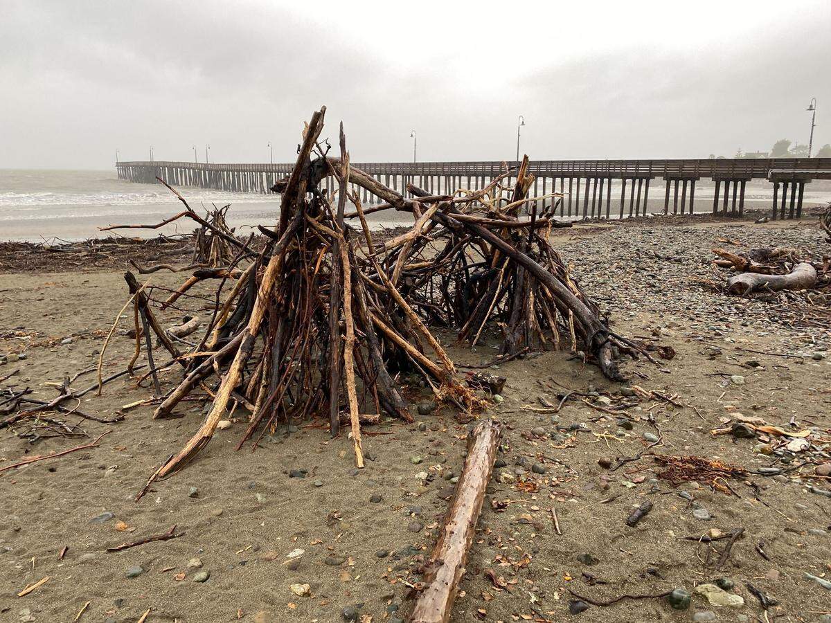 Driftwood is stacked in piles near the Cayucos Pier on Tuesday, March 14, 2023.
