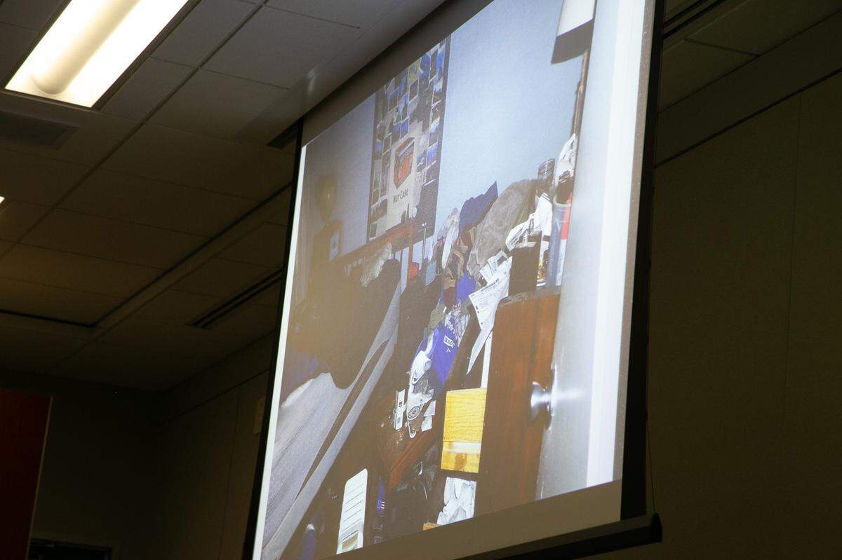The inside of Paul Flores’ bedroom as seen during a February 5, 2020, search warrant is shown to the juries hearing the Kristin Smart murder trial at Monterey County Superior Court in Salinas on Aug. 30, 2022.