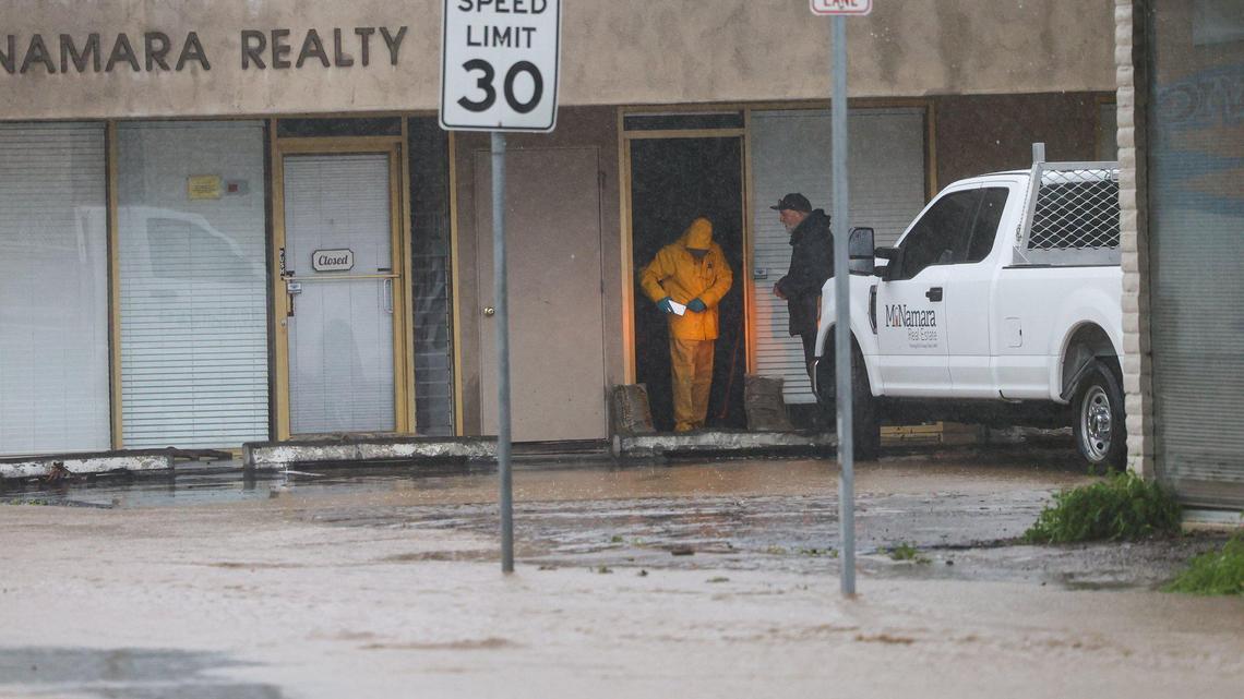 Floodwaters fill the parking lot in front of McNamara Realty near the corner of South Higuera and Marsh Streets. Flooding in SLO county was widespread Jan. 9, 2023, as another “atmospheric river” storm hit the coast.