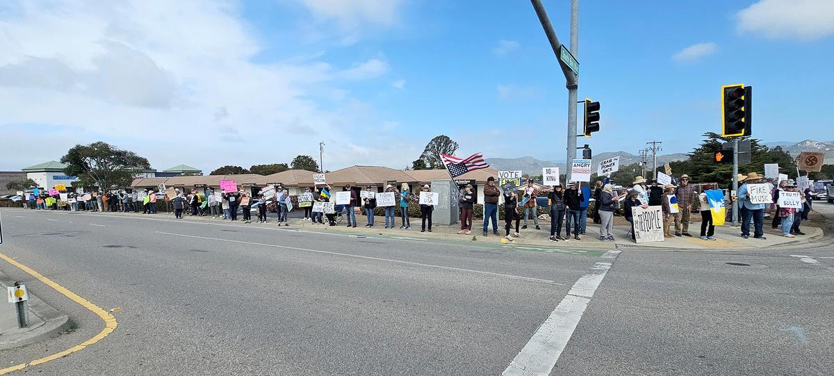 Hundreds of people gathered at each corner of the intersection at Los Osos Valley Road and South Bay Boulevard to protest the current administration on Saturday, Mar. 1, 2025.