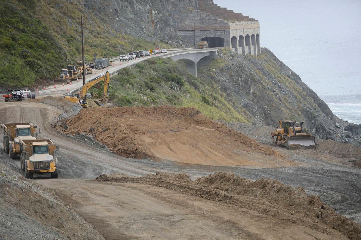 Caltrans hired Papich Construction Co. to rebuild Highway 1 at Paul’s Slide about 22 miles north of the Monterey County line, seen here on May 17, 2024. Construction should be completed sometime during the summer.