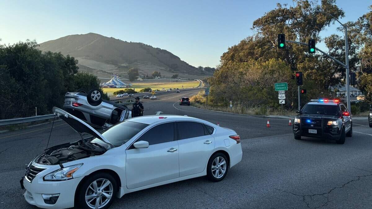 A car ran a red light and crashed into another car while turning from Madonna Road onto Highway 101 on June 25, 2026.