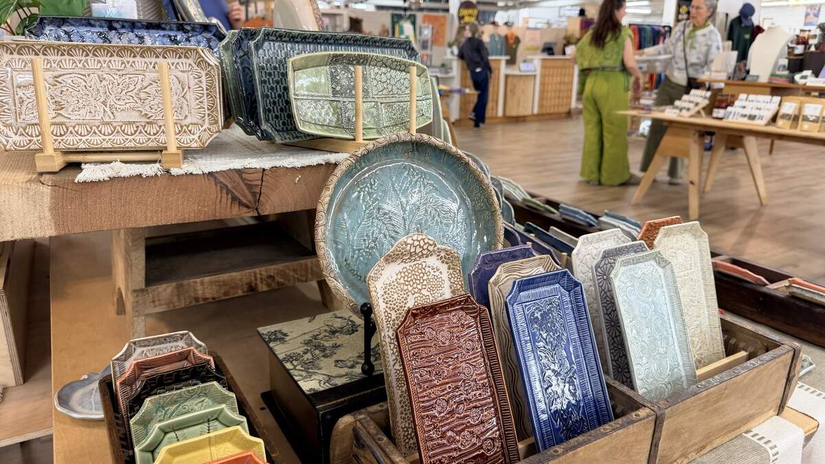 Ceramic plates are among the items for sale at the annual SLOcally Made pop-up shop in San Luis Obispo. The 2025 version returned to the Monterey Street side of the Thrifty Beaches store.