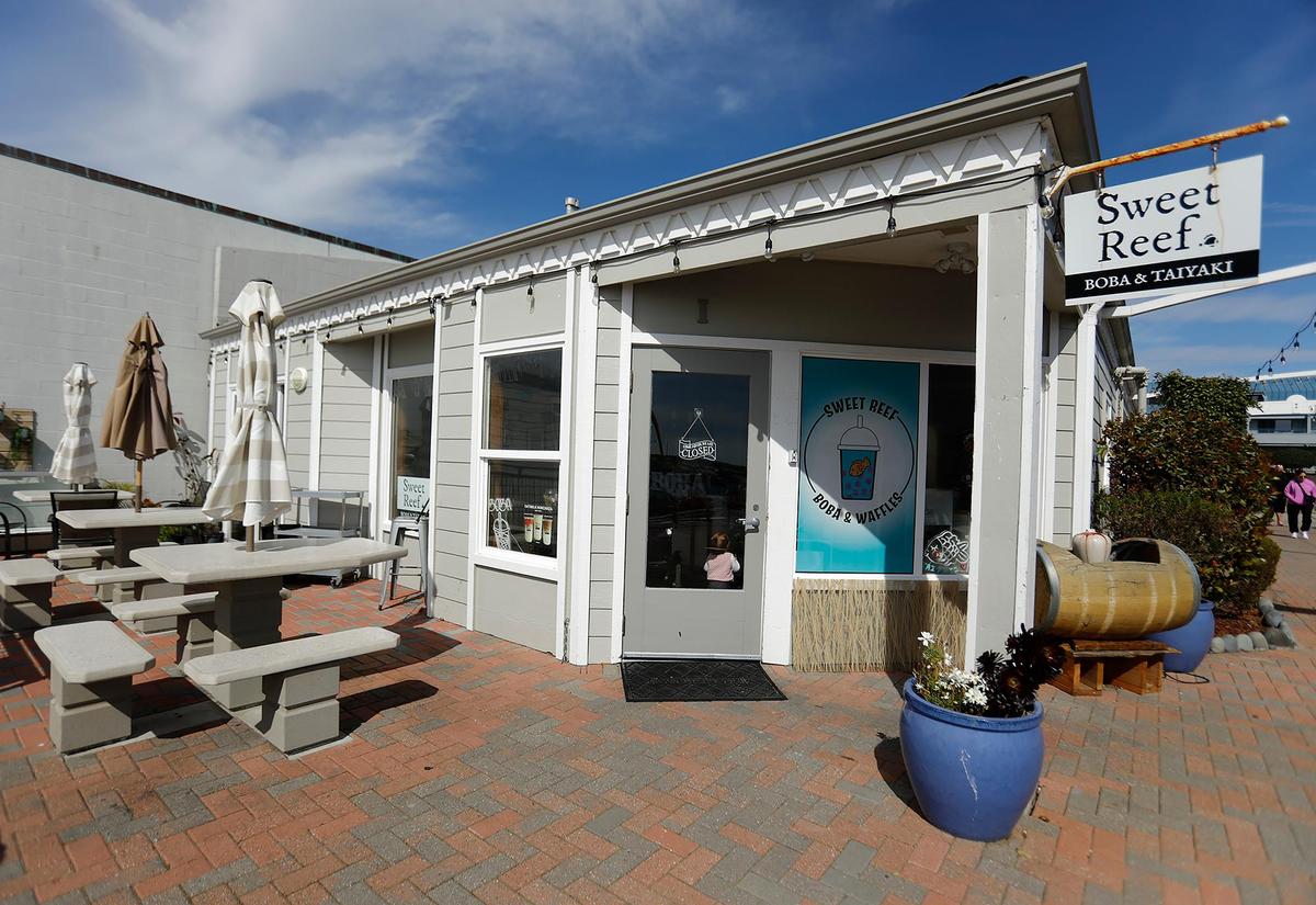 The cafe features a large sunny patio overlooking the Morro Bay harbor. Sweet Reef Boba and Taiyaki moved locations to a prominent spot in The Boatyard.