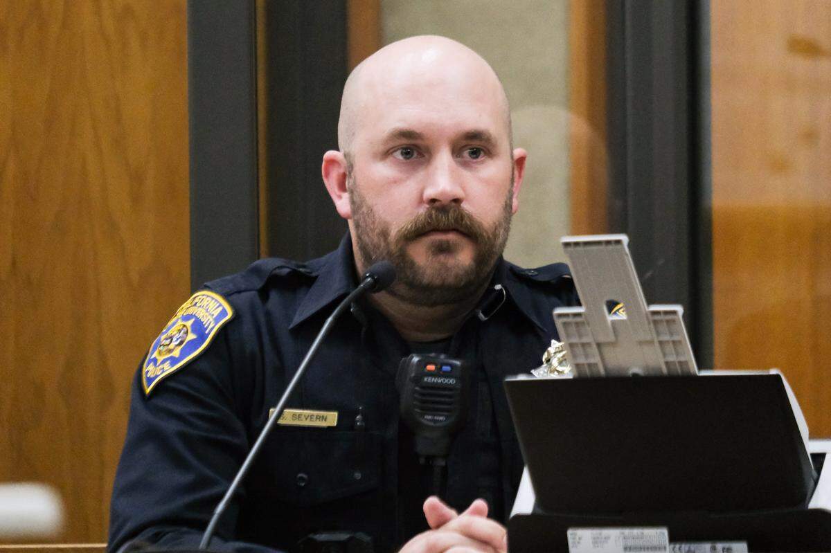 Cal Poly Police Department Det. Scott Severn testifies in San Luis Obispo Superior Court on Feb. 3, 2025, during the preliminary hearing for the case against Cal Poly student Charles Hojaboom for shooting guns on campus. San Luis Obispo Superior Court Judge Catherine Swysen ruled there was enough evidence for Hojaboom to face trial on multiple felony gun charges.