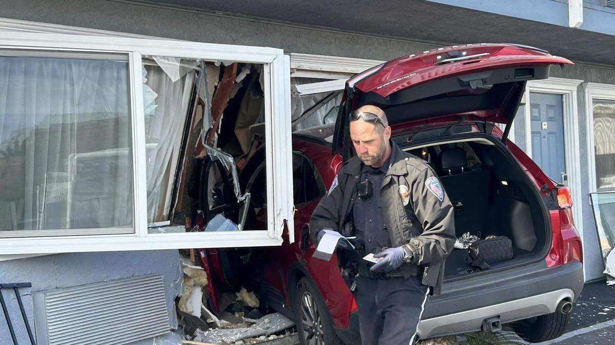 A car crashed into a motel room Tuesday, March 7, 2023, at the Quality Inn in the 200 Block of Five Cities Drive in Pismo Beach.