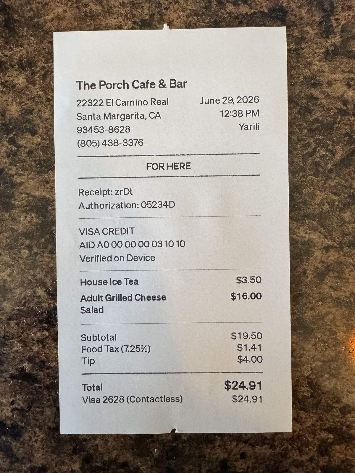 A receipt from The Porch Cafe and Bar in Santa Margarita on June 29, 2026.
