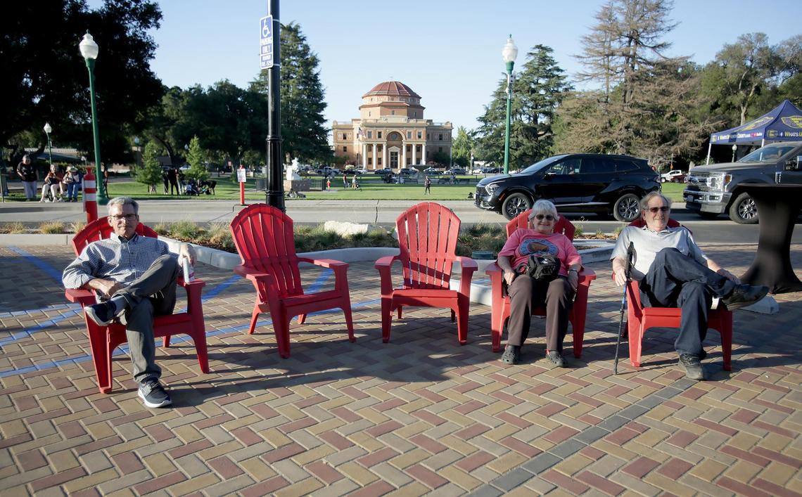 People enjoy a block party after a ribbon-cutting ceremony held Friday, June 27, 2025. Atascadero, California, completed its downtown makeover on El Camino Real with new parking, lights and greenery.