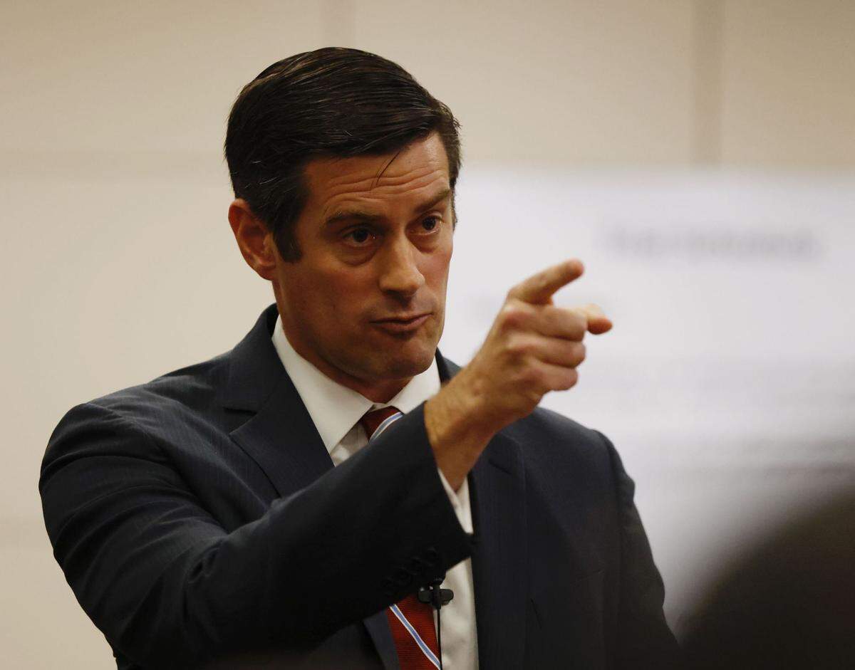 San Luis Obispo County Deputy District Attorney Christopher Peuvrelle makes a point in Monterey County Superior Court in Salinas on Monday, July 18, 2022.