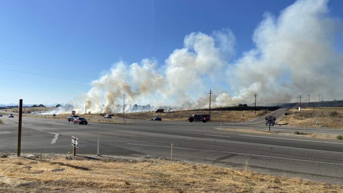 A vegetation fire burned on Highway 46 East near Geneseo Road across from Tobin James Cellars. The wildfire was about 65 acres and 75% contained on Saturday evening, Cal Fire said.