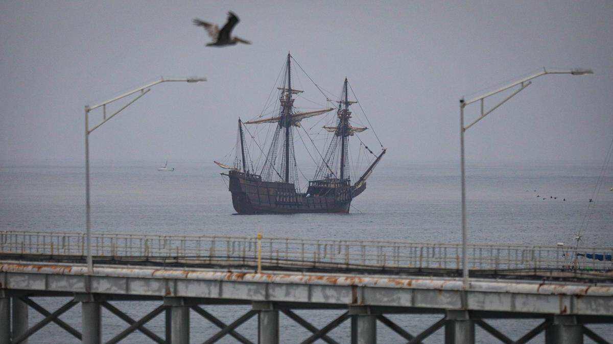 The San Salvador, a replica of Juan Rodriguez Cabrillo’s 1542 sailing ship, is anchored in Port San Luis in Avila Beach on Monday, Aug. 7, 2023. Visitors can take dockside tours of the tall ship in Morro Bay from Friday, Aug. 11, to Aug. 20.