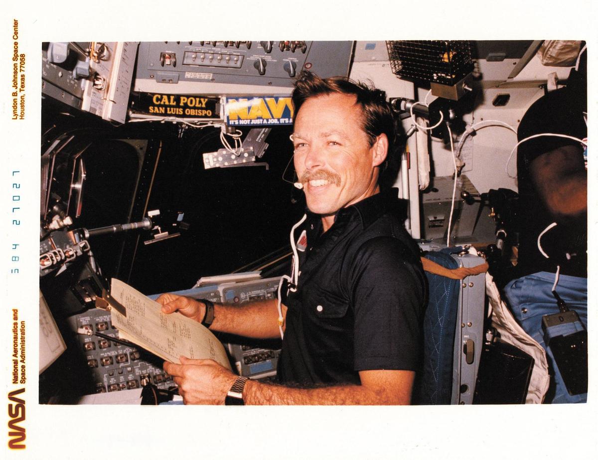 Cal Poly graduate Robert “Hoot” Gibson is a U.S. Navy veteran and flew five space shuttle missions as an astronaut. He made several trips to San Luis Obispo County and while in space was often photographed with Cal Poly memorabilia in the background.