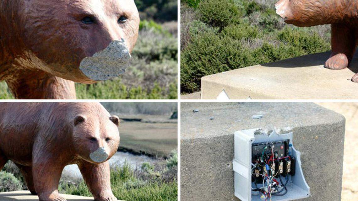The bear statue on South Bay Boulevard in Los Osos is missing part of its snout after a vandal struck sometime Wednesday night. The statue's control panel was also damaged.