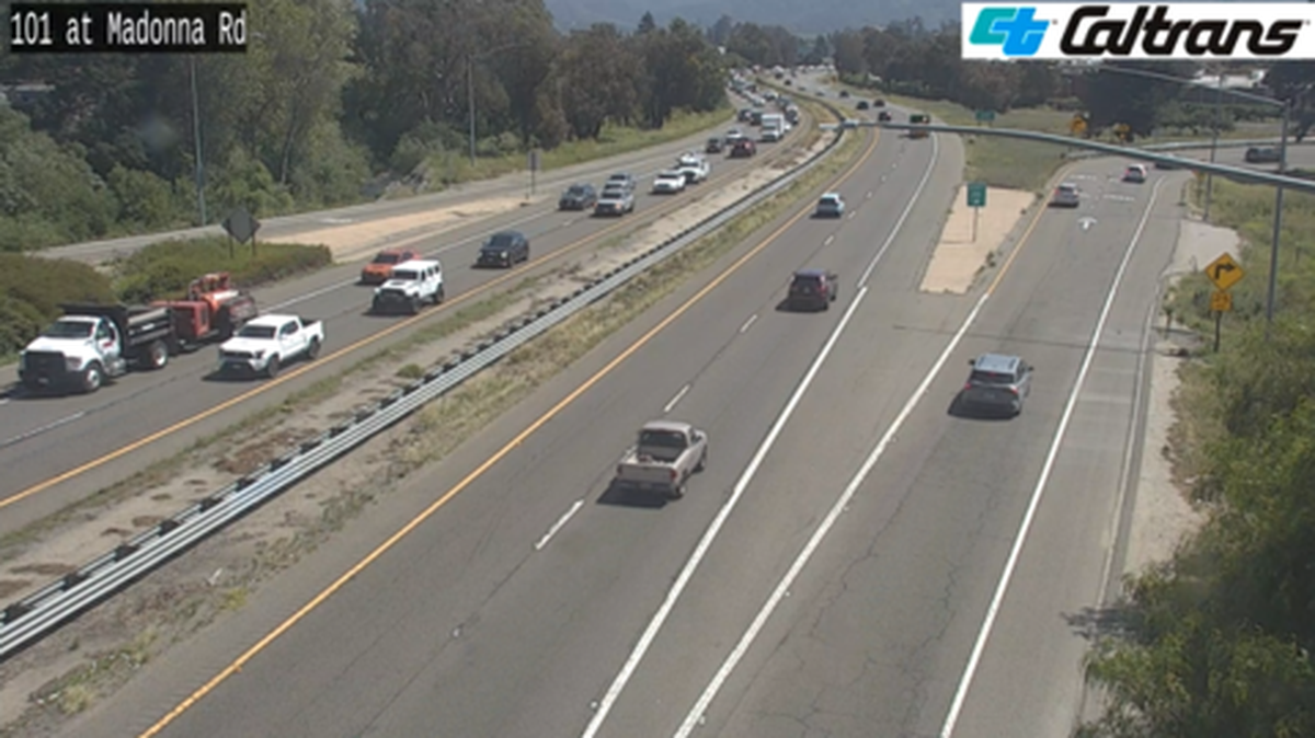 Northbound traffic backed up on Highway 101 after a four-vehicle collision near the Madonna Road exit in San Luis Obispo on Friday, May 8, 2026.