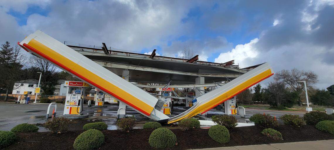 High winds ripped off the awning over the gas pumps at the Shell station at the corner of Highway 41 and Cubaril Avenue in Atascadero on Thursday, Jan. 5, 2023.
