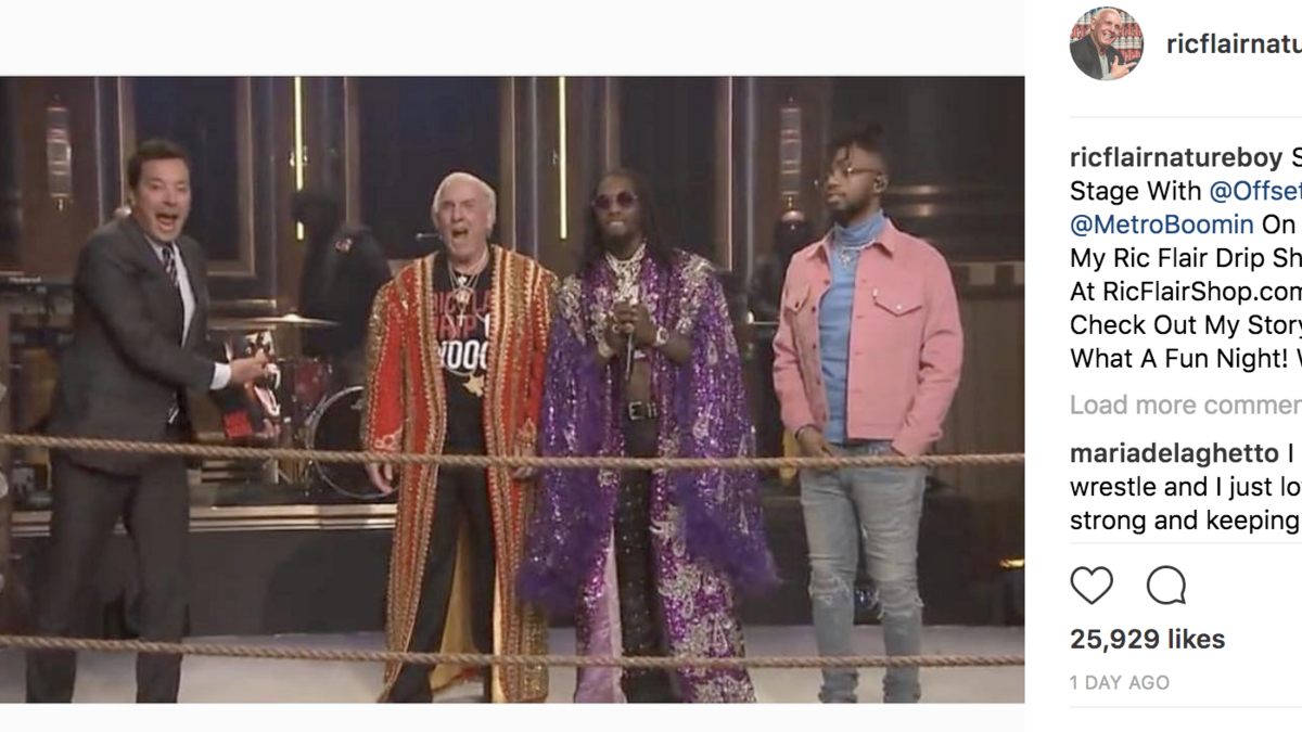 Wrestling icon Ric Flair performed the Ric Flair Drip with Offset and Metro Boomin on “The Tonight Show Starring Jimmy Fallon” on Tuesday