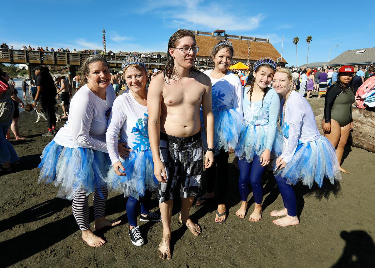 Hundreds of brave participants braved water temperatures in the low 50s to welcome the new year near Cayucos Pier. Becki Nunez, Taniah Soto, Logan Lynge, Christine Kelley, Renee Lynge, Tammy Lynge.