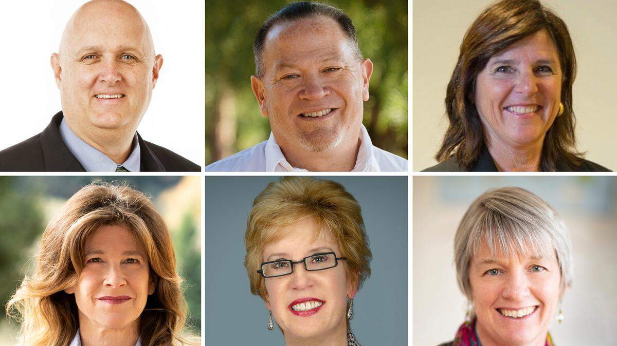 Three seats are up for grabs on the San Luis Obispo County Board of Supervisors in the March 3, 2020 election. John Peschong, top left, is being challenged by Stephanie Shakofsky, bottom left, in District 1 seat. Adam Hill, top center, is being challenged by Stacy Korsgaden, bottom center in District 3. Debbie Arnold, top right, is being challenged by Ellen Beraud, bottom right, in District 5.