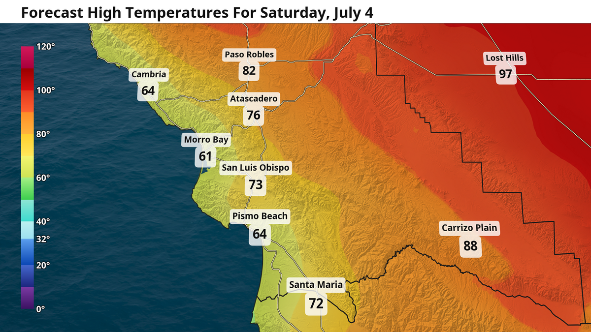 Forecast high temperatures for Saturday, July 4