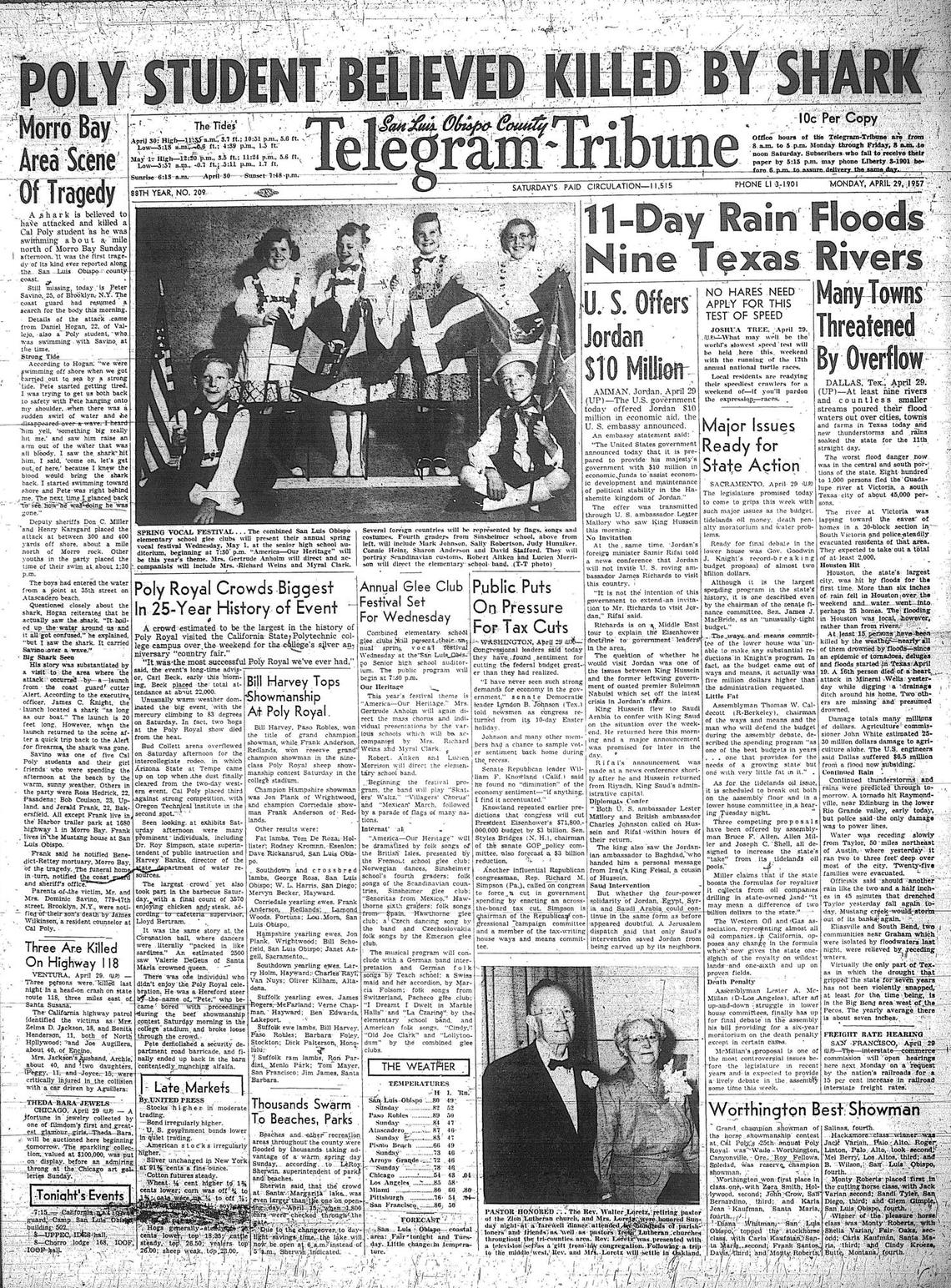 Fatal Shark attack Telegram-Tribune front page 4-28-57