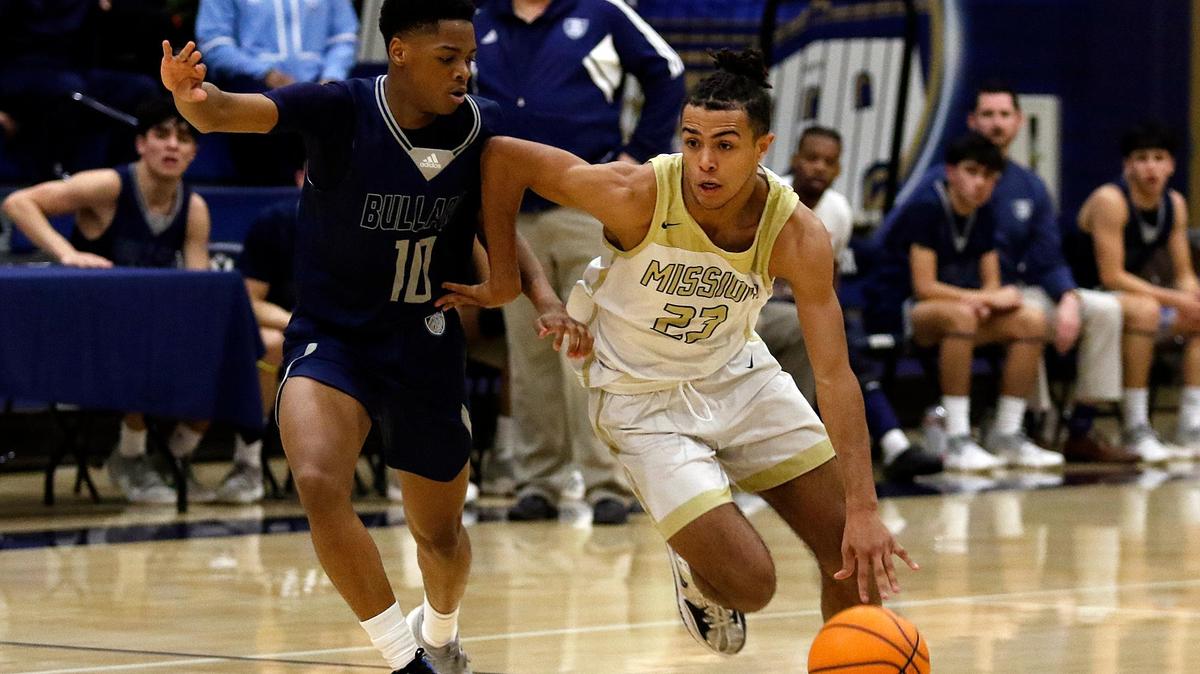 Mission Prep’s Jamar Howard (23) dribbles under pressure from Bullard’s Jaleel Jackson (10). The Mission Prep boys basketball team beat Bullard High School 66-50 in a first-round playoff game in San Luis Obispo, Feb. 15, 2023.