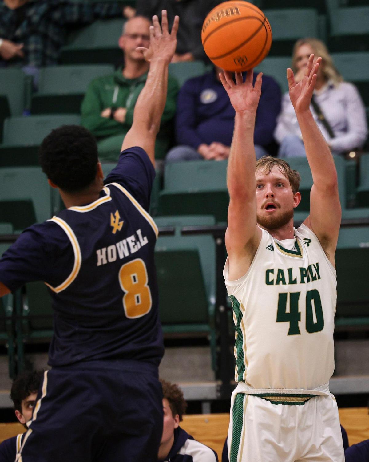 Isaac Jessup shoots a three as Chris Howell defends. Cal Poly lost to UCSD 81-67 in a basketball game on Feb. 20, 2025.