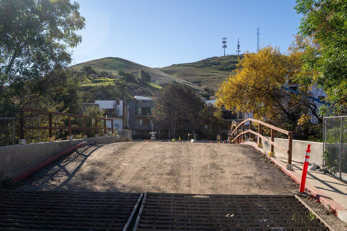 HASLO’s Meadow Creek Apartments are currently being built on a small parcel accessed by a bridge that connects to the cul-de-sac at the end of Bridge Street, pictured here on Thursday, Dec. 11, 2025. The project will include 30 affordable apartments.