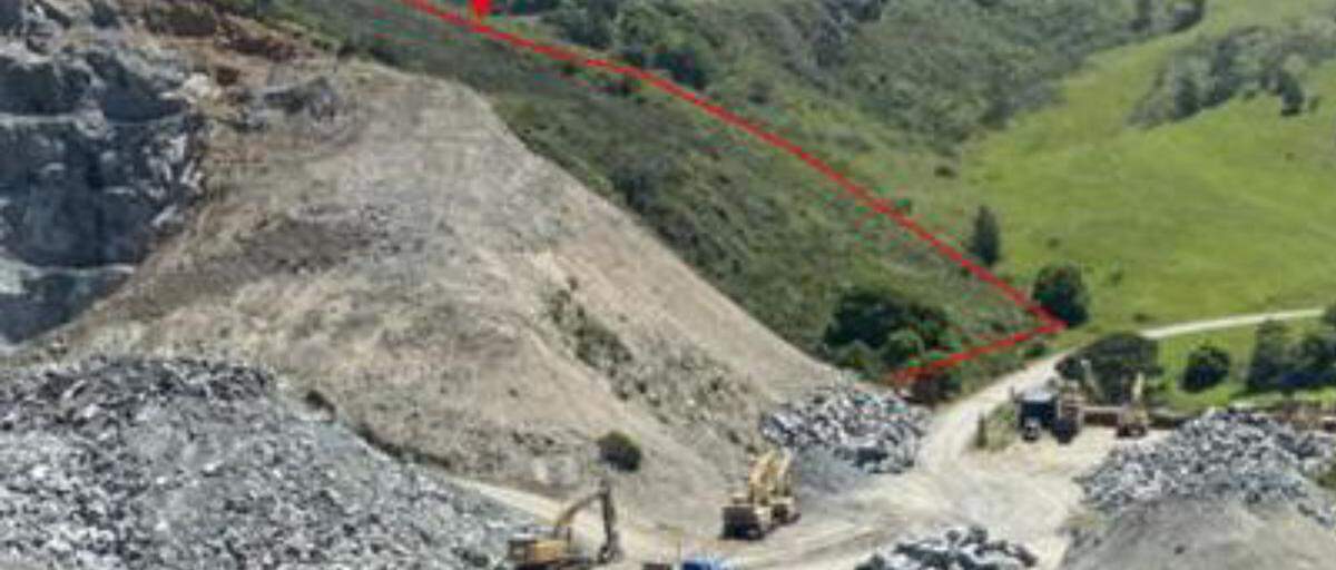 This is the view from the southwest side of Cambria Quarry on Monte Cristo Place. The red line marks the approximate proposed boundary for an expansion of the mining operations that have been happening for years.
