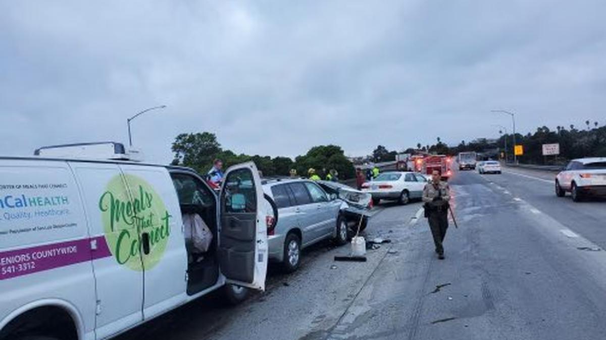 A seven-car crash on Highway 101 in Pismo Beach on Thursday, Oct. 7, 2021, causes major traffic delays for morning commuters traveling north.