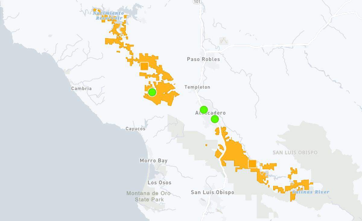 A PG&E map shows where thousands of San Luis Obispo County residents are without power Thursday as a heatwave brings high temperatures to the area. PG&E is investigating the cause of the outage.