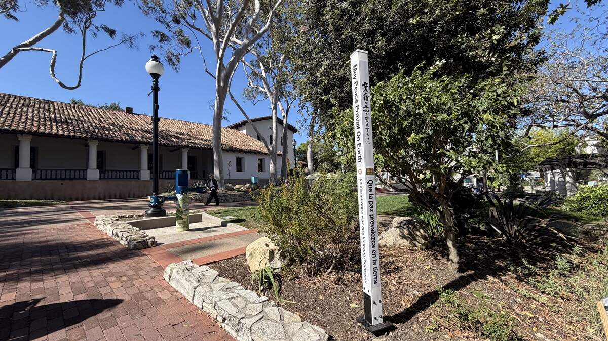 Four San Luis Obispo Rotary clubs joined forces to get a “peace pole” installed in Mission Plaza, as a way to encourage unity in the community. The ribbon cutting for the new structure was April 14, 2026.
