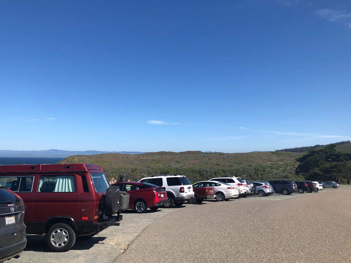 Cars parked at Montaña de Oro State Park despite a State Parks announcement of a vehicle access closure.