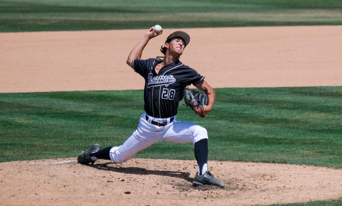 Nick Bonn throws from the mound during Cal Poly’s 4-3 championship win over UC San Diego. Bonn broke the program’s single-season saves record with his 15th save as the Mustangs won back-to-back Big West Championships.