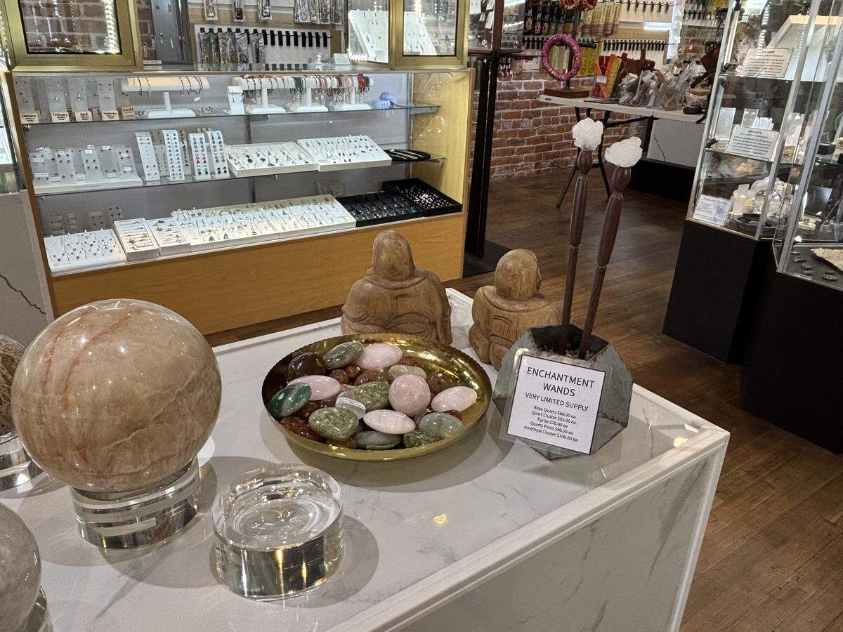 Stones and enchantment wands in Gaia’s Gallery were among the items being sold ahead of the store’s closure on Sept. 22, 2025.