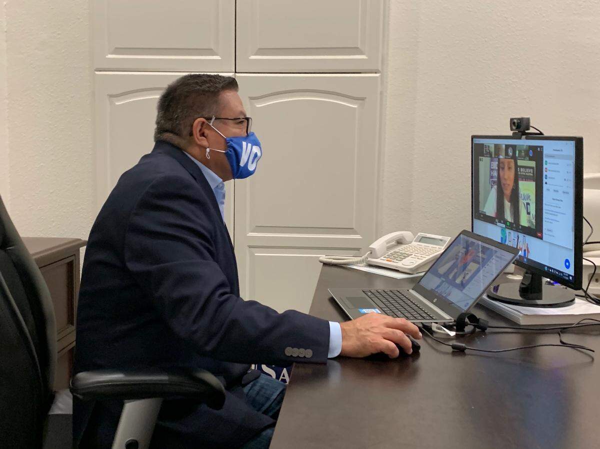 U.S. Rep. Salud Carbajal speaks to constituents from his Santa Barbara office on election night, Nov. 3, 2020.
