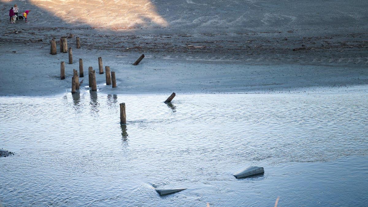 Recent storms have exposed the footings for the 1881 era Bridge No. 5 of the Pacific Coast Railway over San Luis Creek Jan. 23, 2023. That bridge was condemned and collapsed in 1981.