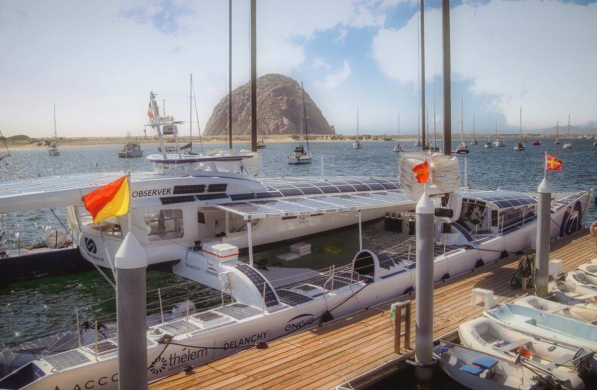 The Energy Observer catamaran is docked in Morro Bay for a stopover on its trip up the coast to San Francisco. Solar panels line the roof of the boat, which is entirely self-sufficient and uses an electro-hydrogen system to power its motors.