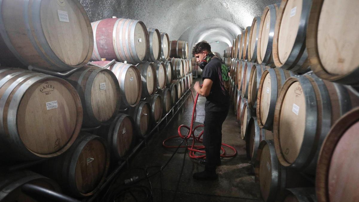 Joseph Fernandez cleans the floor of the wine cave at Eberle Winery. Seen here Jan. 9, 2024.