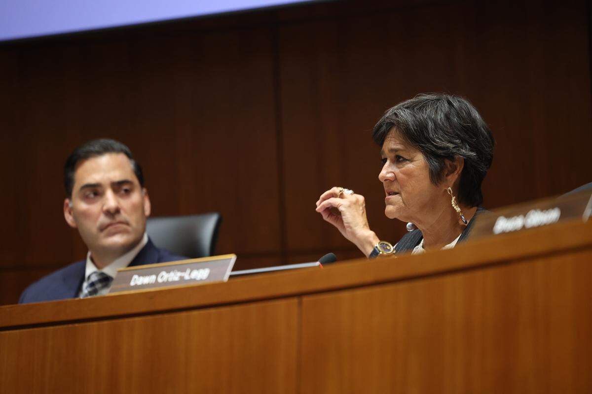 Supervisors Jimmy Paulding and Dawn Ortiz-Legg speak during a Truth Act forum at the Board of Supervisors meeting Jan. 27, 2026.