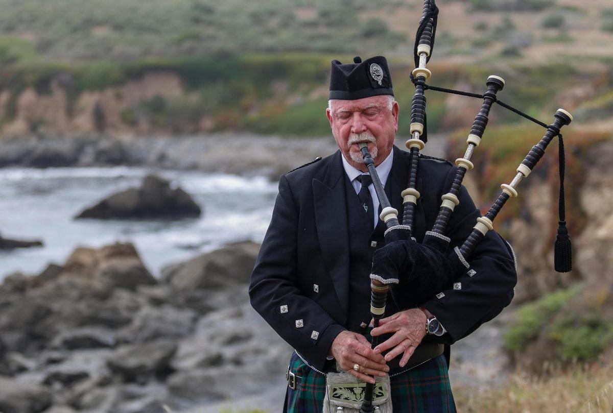Former competitive piper Neal Dundas plays every other week from a blufftop in Cambria, California, delighting hikers on Fiscalini Ranch Preserve trail with sounds from a 1938 set of Lawries.