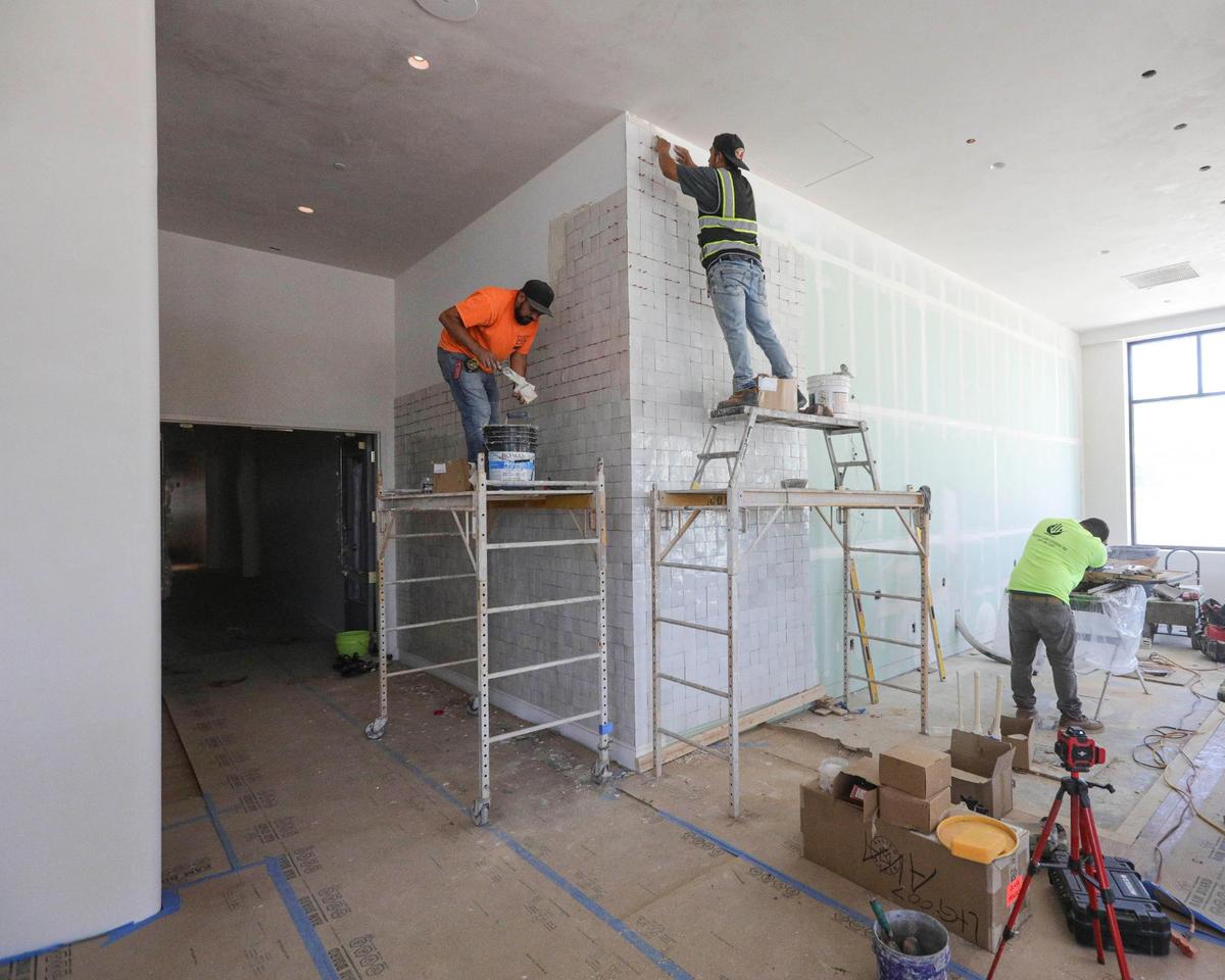 Tile is being installed in the EMRE restaurant on the ground floor of The Ava Hotel in downtown Paso Robles. It’s in the finishing months of construction, seen here on June 18, 2025.
