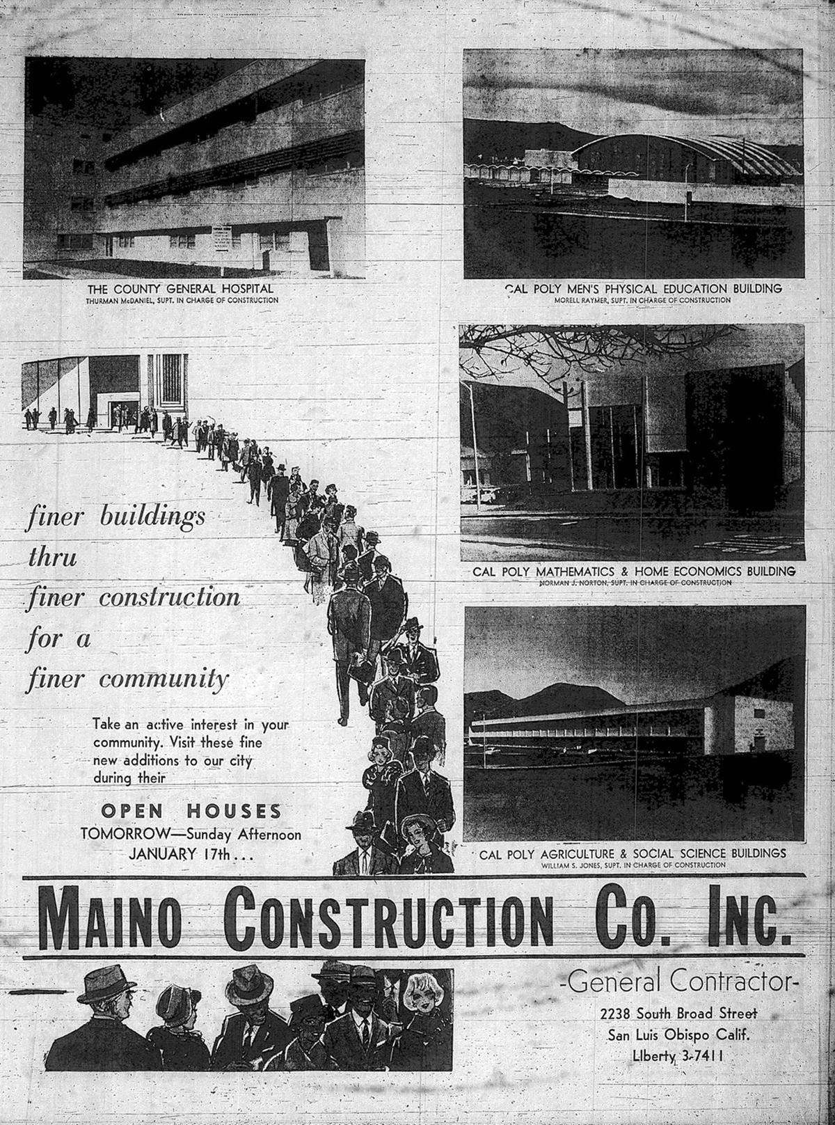 Maino Construction completed three buildings on the Cal Poly campus and General Hospital, advertised in this Jan. 16, 1960, ad. The Mott Gym, Agriculture and Math and Home Economics buildings held open houses.