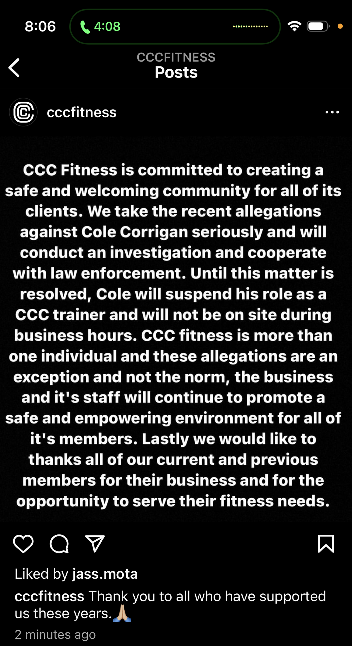 CCC Fitness posted a statementon Instagram responding to an investigation into a hidden camera found in its bathroom on Aug. 30, 2023. The post was deleted by the morning of Aug. 31, 2023.