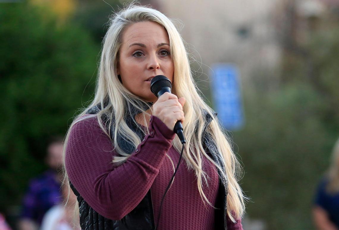 Marie Inman speaks to the crowd at a candlelight vigil for Kristin Smart in Arroyo Grande.