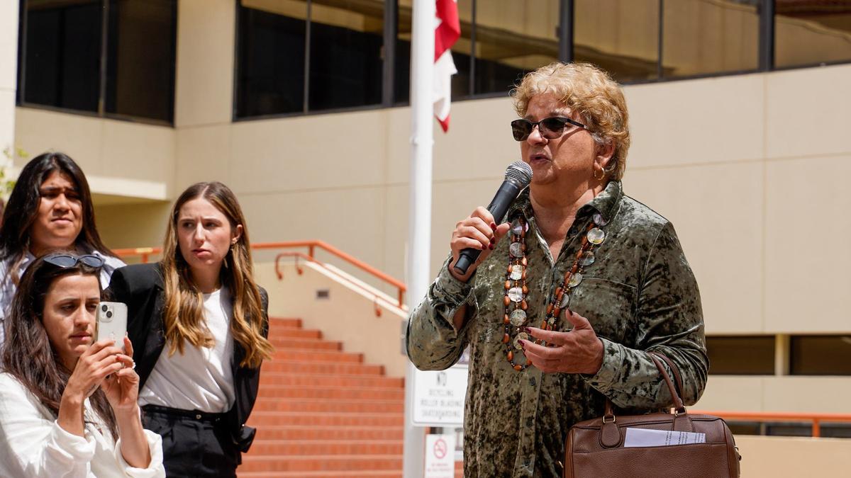 yak titʸu titʸu yak tiłhini Northern Chumash Tribal Chair Mona Tucker speaks to student protesters outside of a hearing for the Dana Reserve housing project Tuesday, April 23, 2024. The Dana Reserve project would add around 1,470 homes to a 288-acre plot of land in Nipomo.