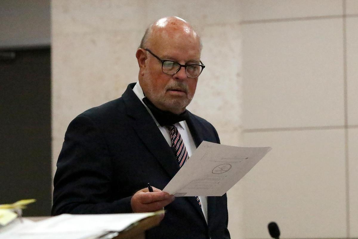 Defense attorney Paul Sanger looks at a slide depicting Justin Goodwin Facebook page. Goodwin takes the stand, Monday Sept. 12, 2022 after Jennifer Hudson continued her testimony from Thursday.The Kiristin Smart murder trial for Paul Flores and his father Ruben Flores was held at the Monterey Superior Court, Salinas, California.